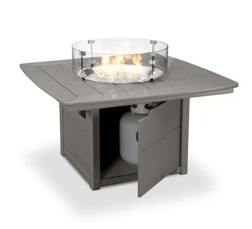 POLYWOOD Square 42-inch Fire Pit Table in slate grey with open propane tank storage compartment
