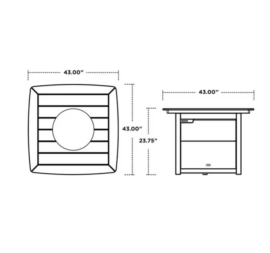 POLYWOOD Square 42-inch Fire Pit Table dimension diagram, 43W x 43D x 23.75H inches with propane storage
