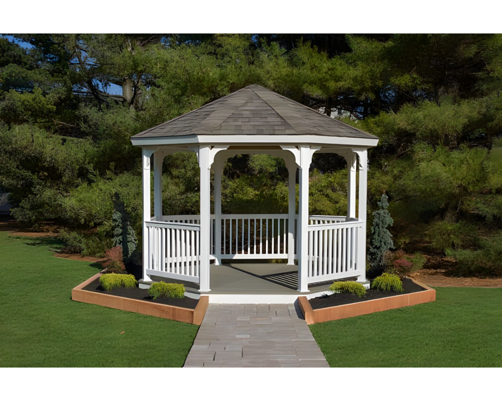 YardCraft 12ft vinyl octagon gazebo kit in backyard garden setting