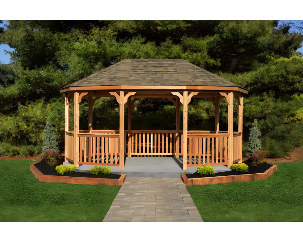 YardCraft 12x18 wood oval cedar gazebo kit in backyard garden setting