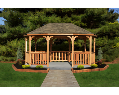 YardCraft 12x18 wood oval cedar gazebo kit in backyard garden setting