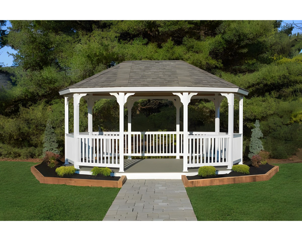 YardCraft 12x18 vinyl oval gazebo kit in backyard garden setting