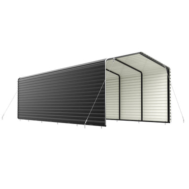 ALEKO black 12 x 26 metal carport with corrugated sidewall panels, view 1