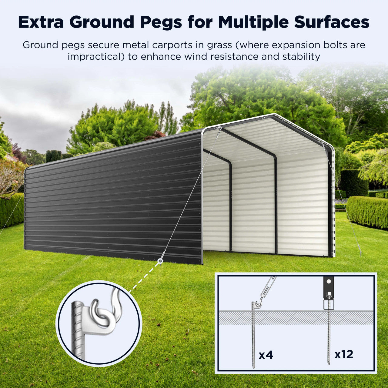 ALEKO black 12 x 26 metal carport with corrugated sidewall panels, view 8