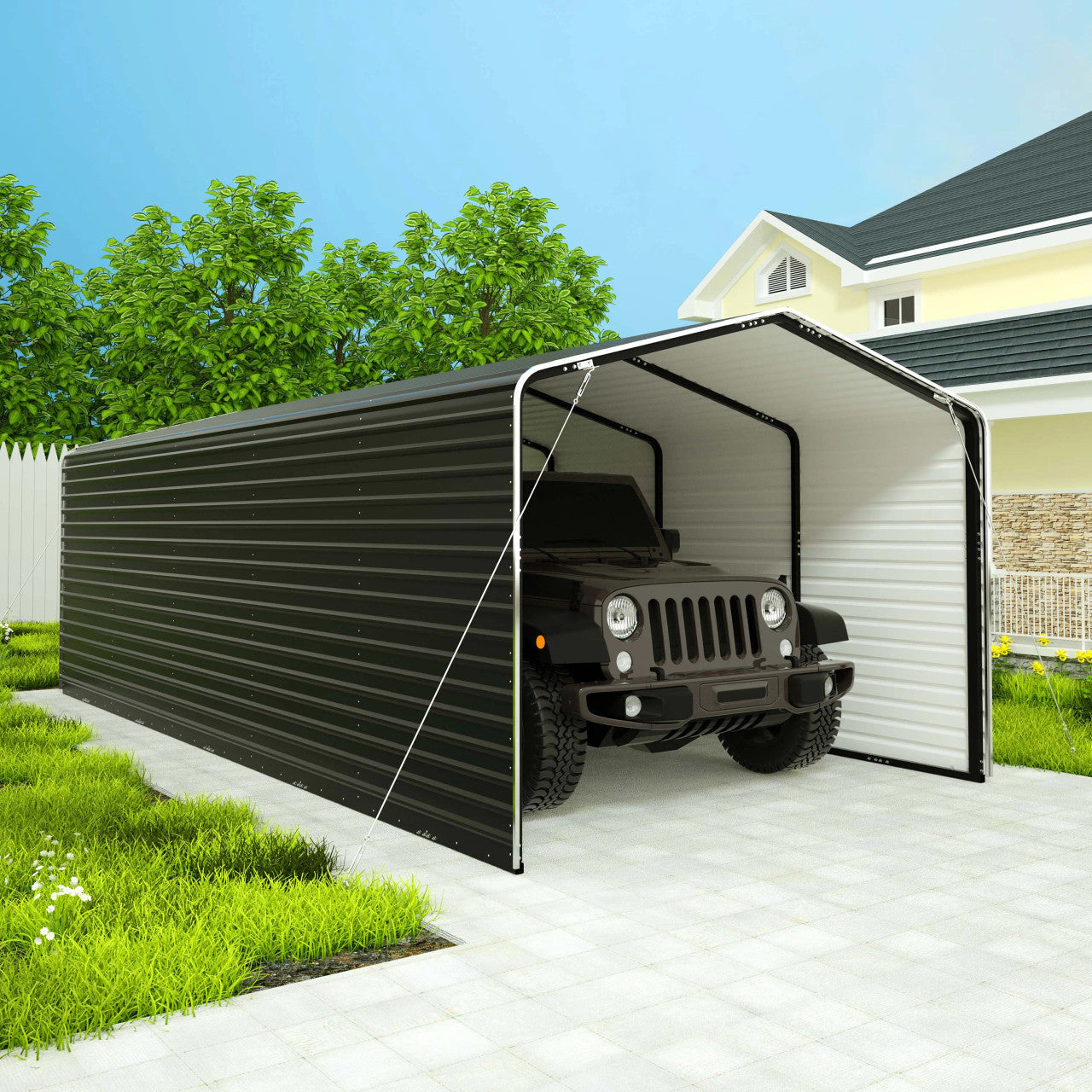 ALEKO black 12 x 26 metal carport with corrugated sidewall panels, view 9