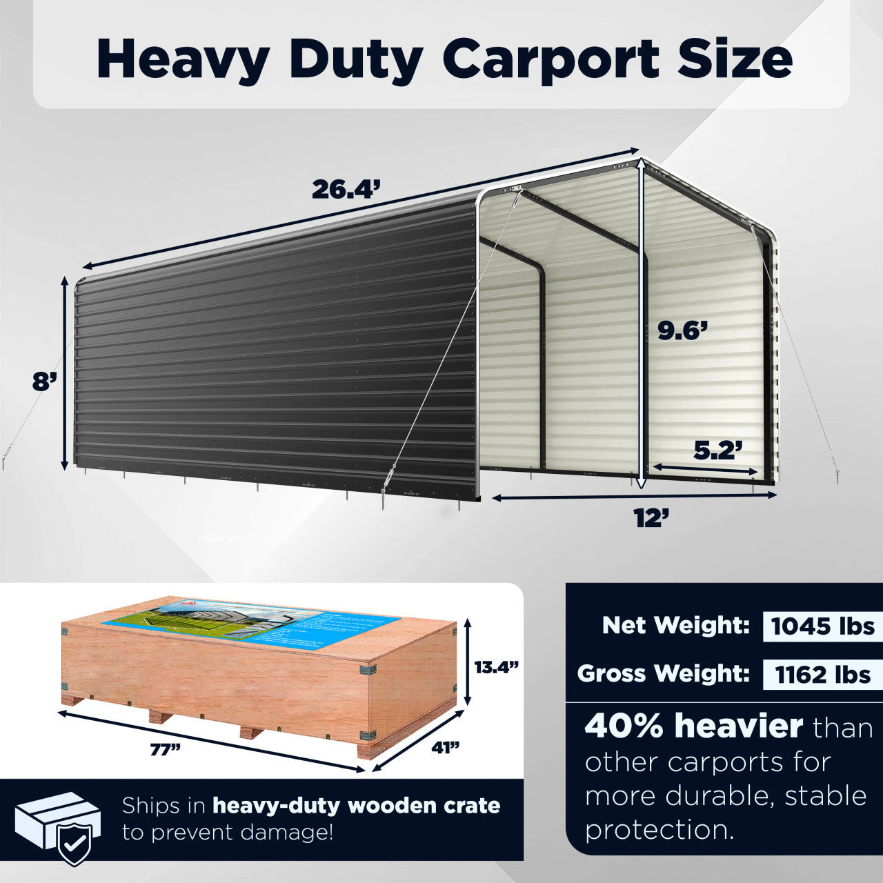 ALEKO black 12 x 26 metal carport with corrugated sidewall panels, view 10