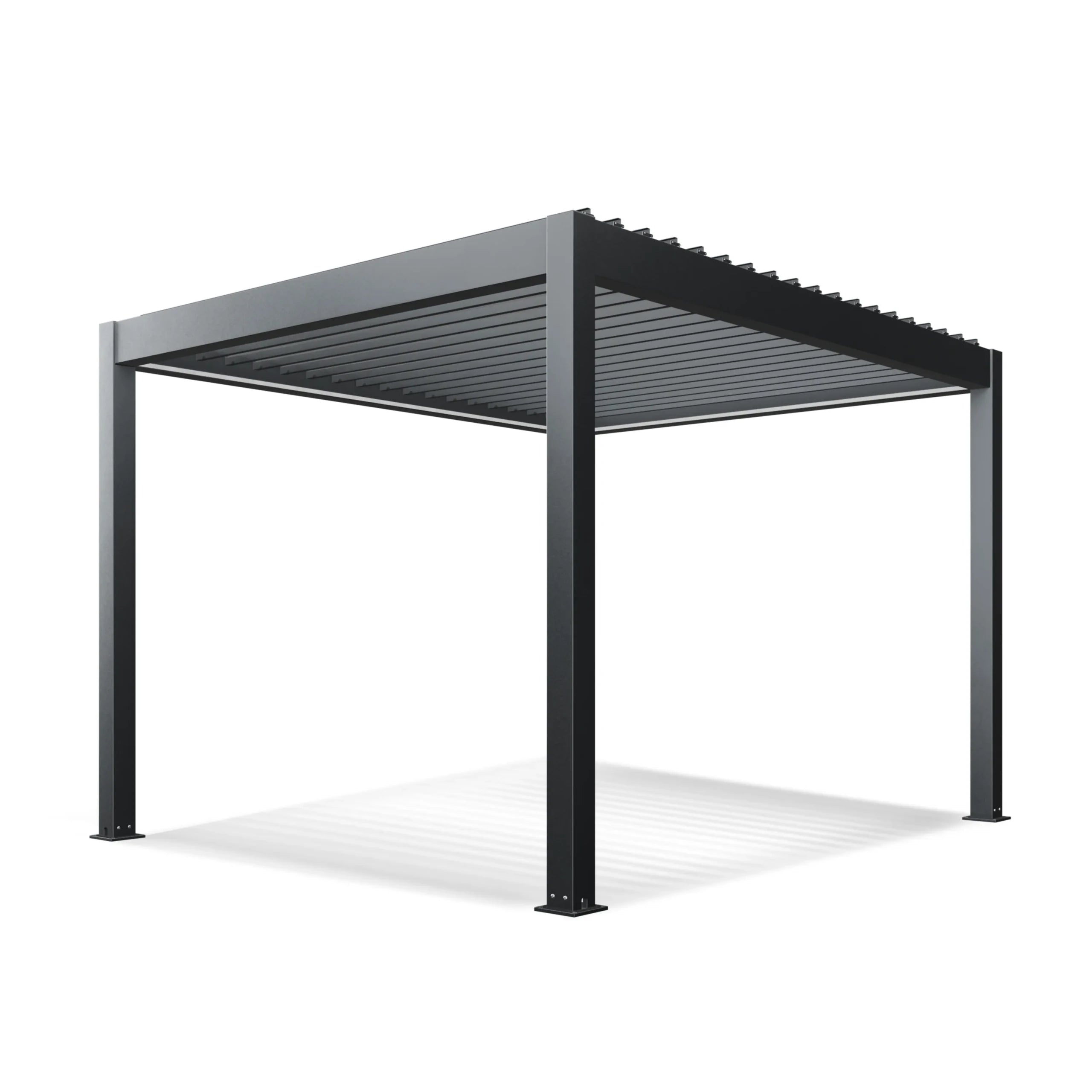 Aleko Noble 10x12 motorized louvered pergola in dark gray aluminum with louvers open, quarter view