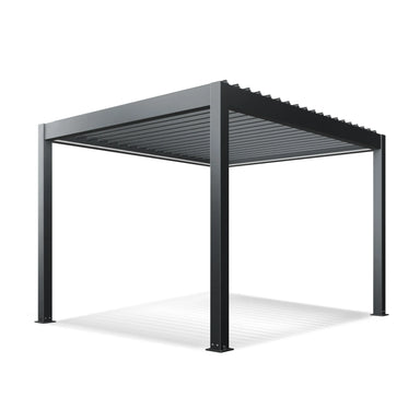 Aleko Noble 10x12 motorized louvered pergola in dark gray aluminum with louvers open, quarter view