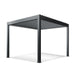 Aleko Noble 10x12 motorized louvered pergola in dark gray aluminum with louvers open, quarter view