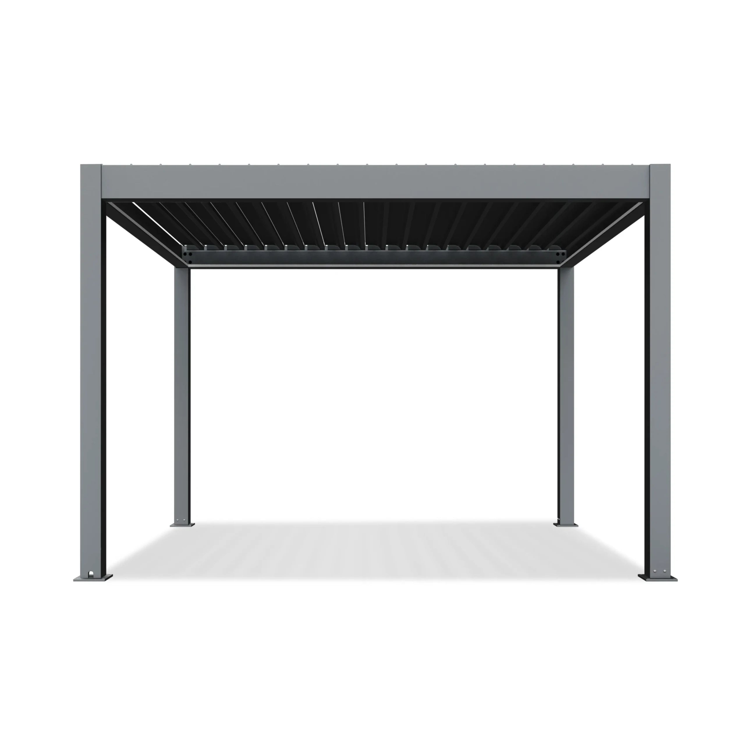 Front view of the Aleko Noble motorized pergola with the louvered roof closed
