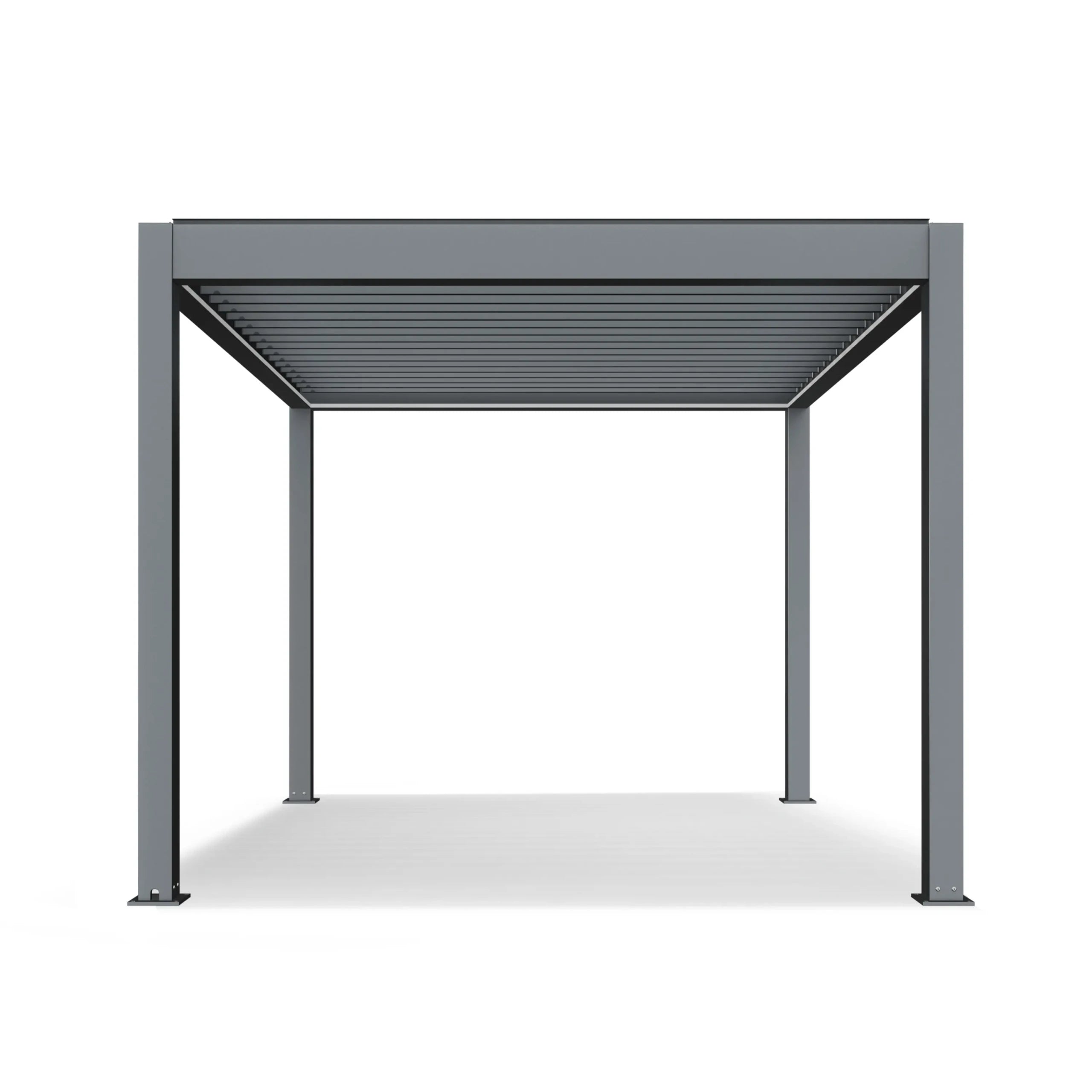Side profile of the Aleko Noble louvered pergola showing posts and beams