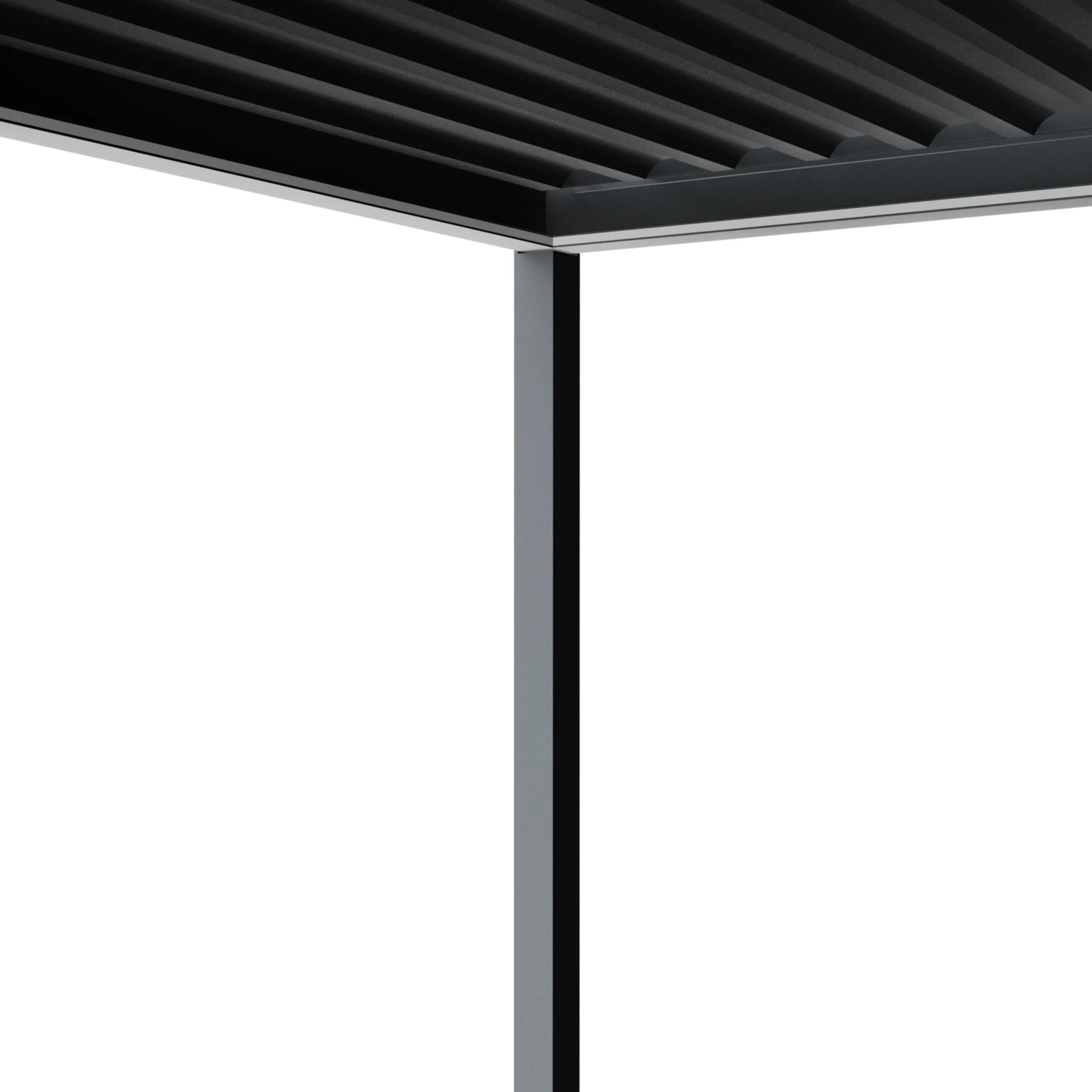 Close-up of the double-layer aluminum louvers on an Aleko motorized pergola