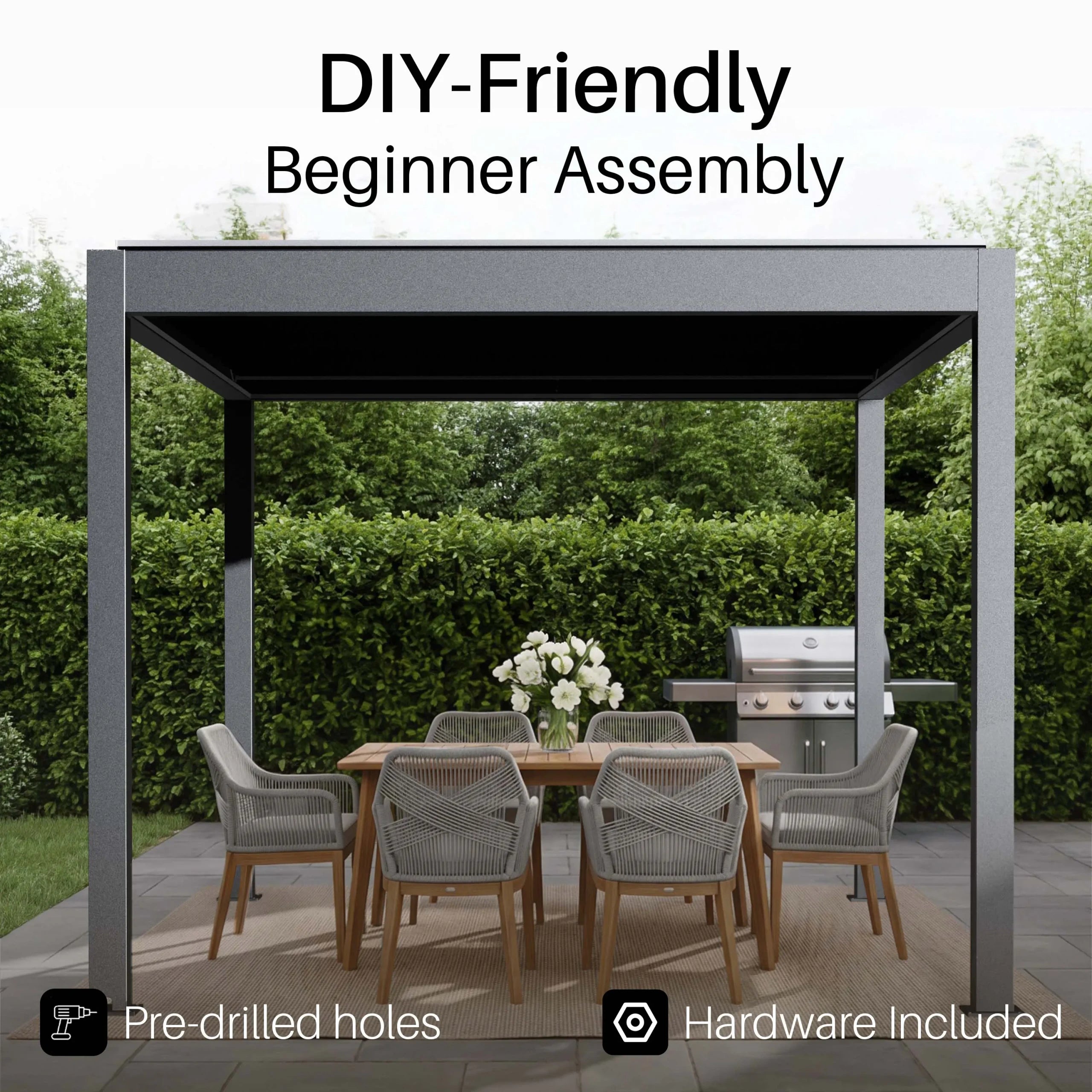 Aleko Noble motorized pergola DIY assembly with pre-drilled parts and hardware