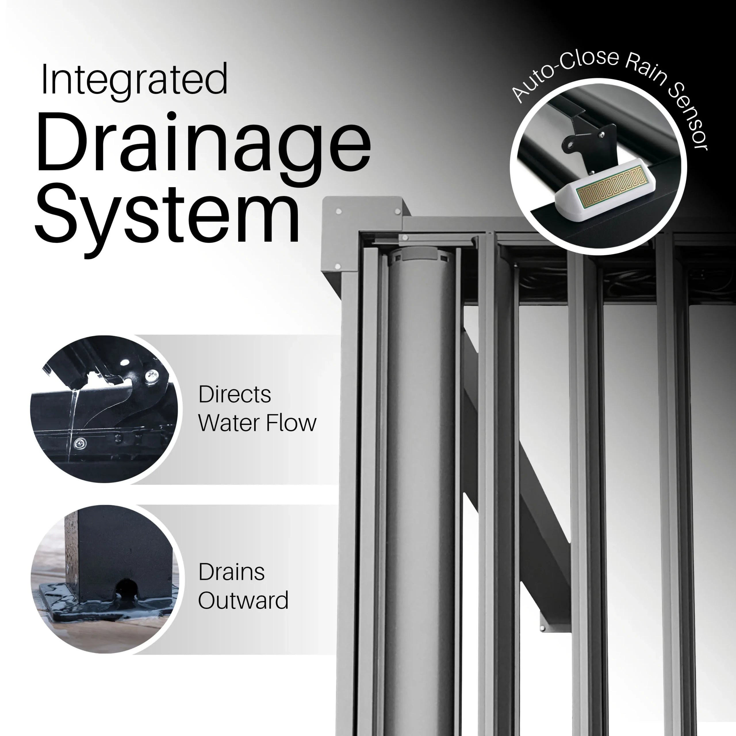 Drainage system on the Aleko Noble louvered pergola directing rainwater away