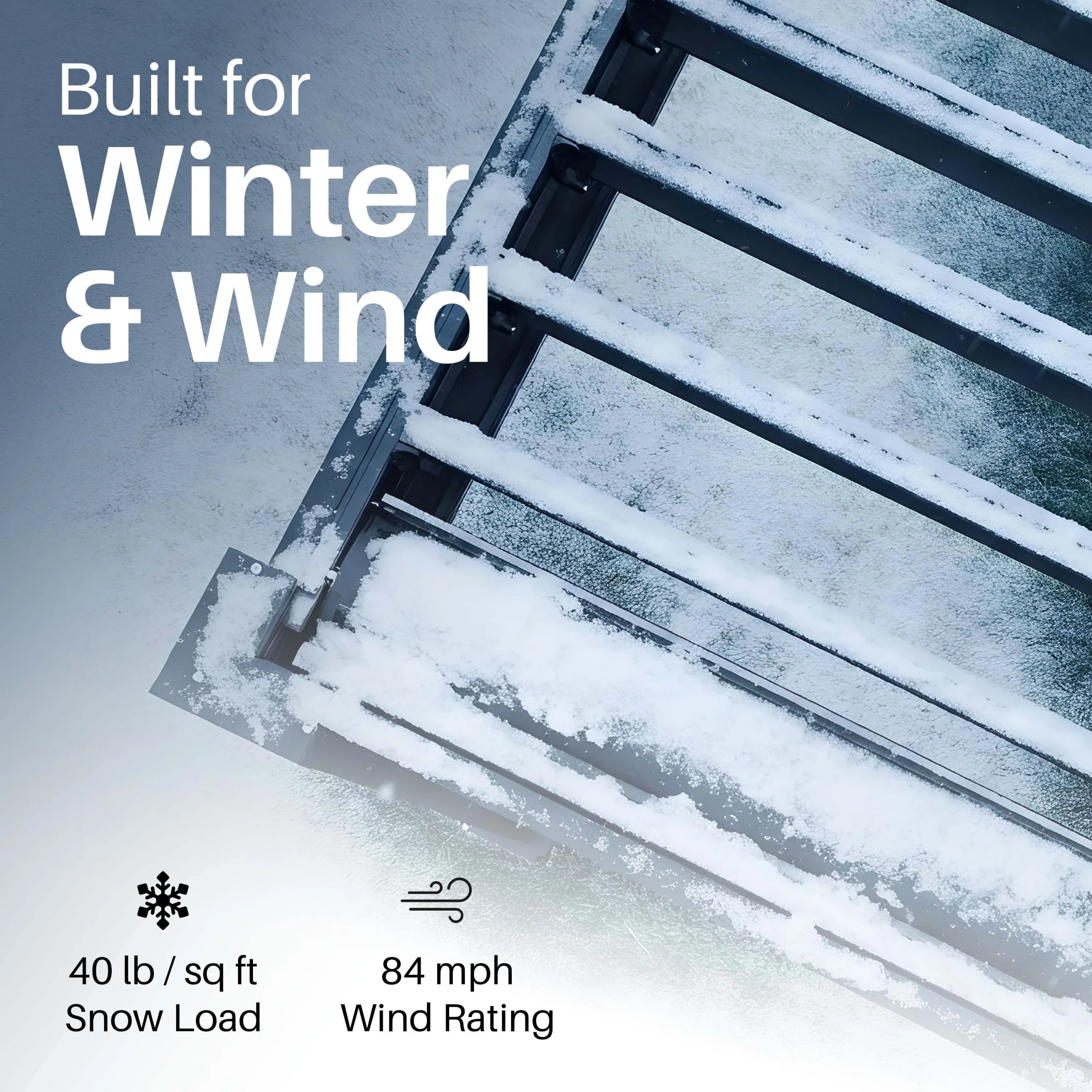 Aleko Noble pergola wind and snow ratings graphic, 84 mph wind and 40 lb per sq ft snow