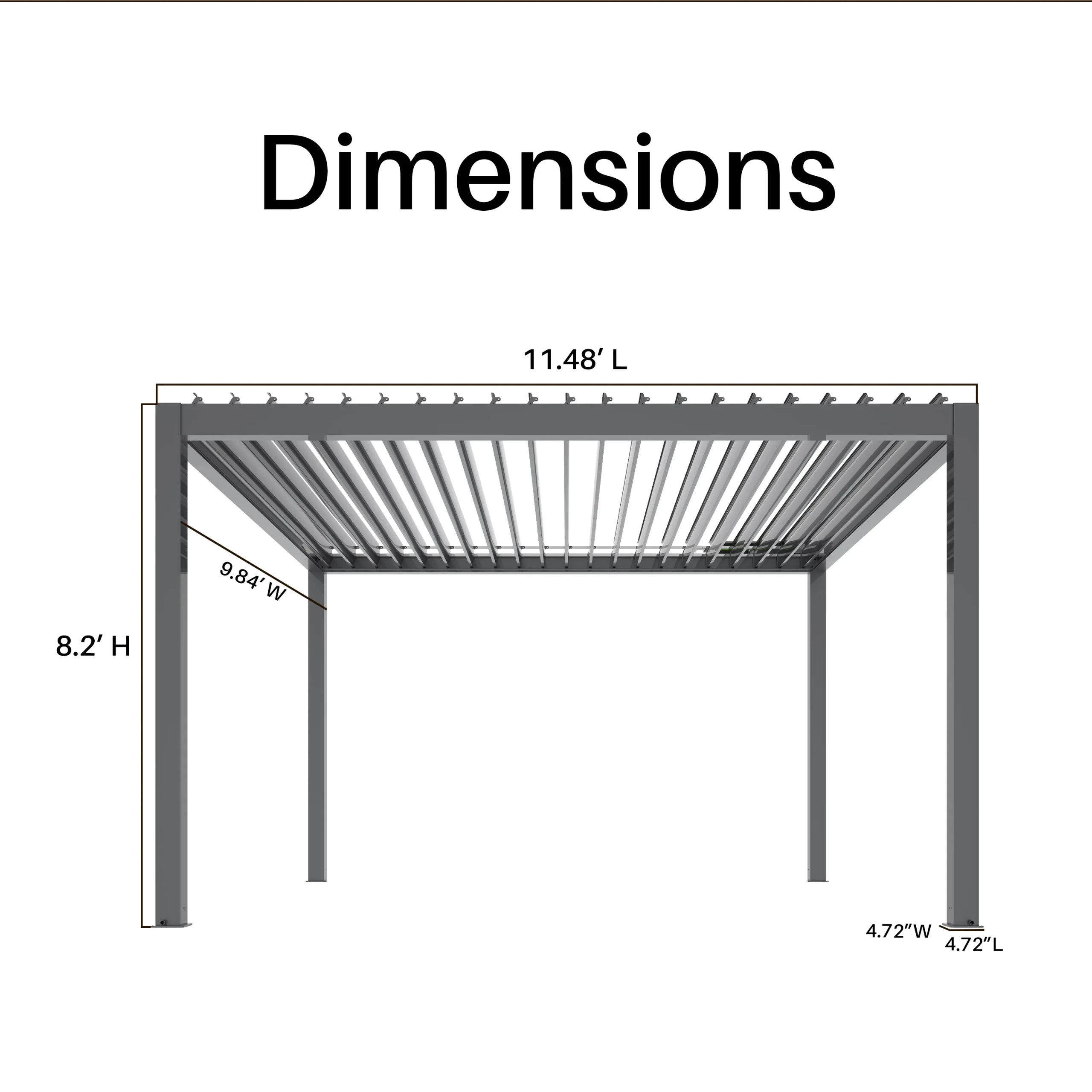 Aleko Noble 10x12 motorized pergola dimensions diagram, 11.48 x 9.84 x 8.2 ft