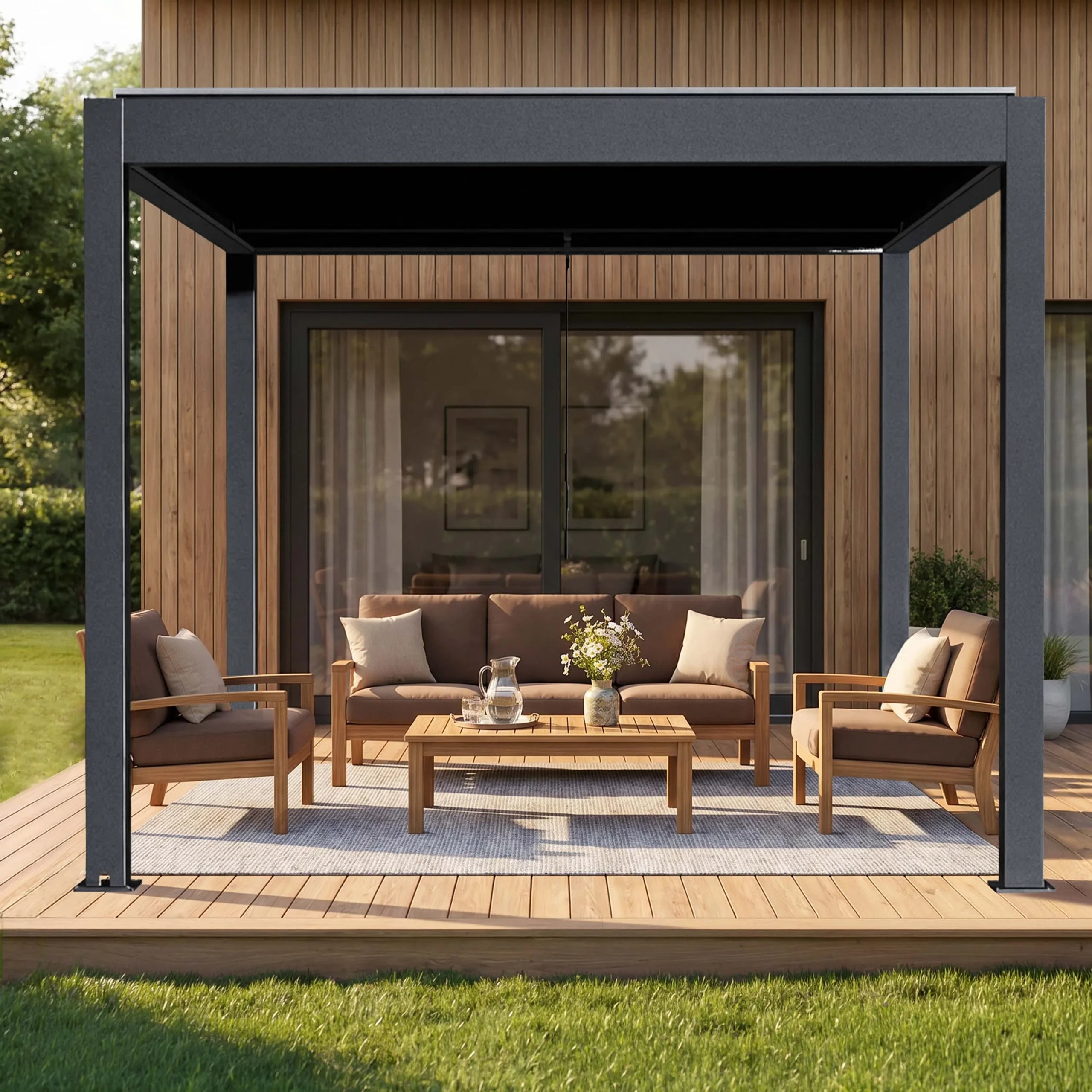 Aleko Noble pergola shading an outdoor lounge area