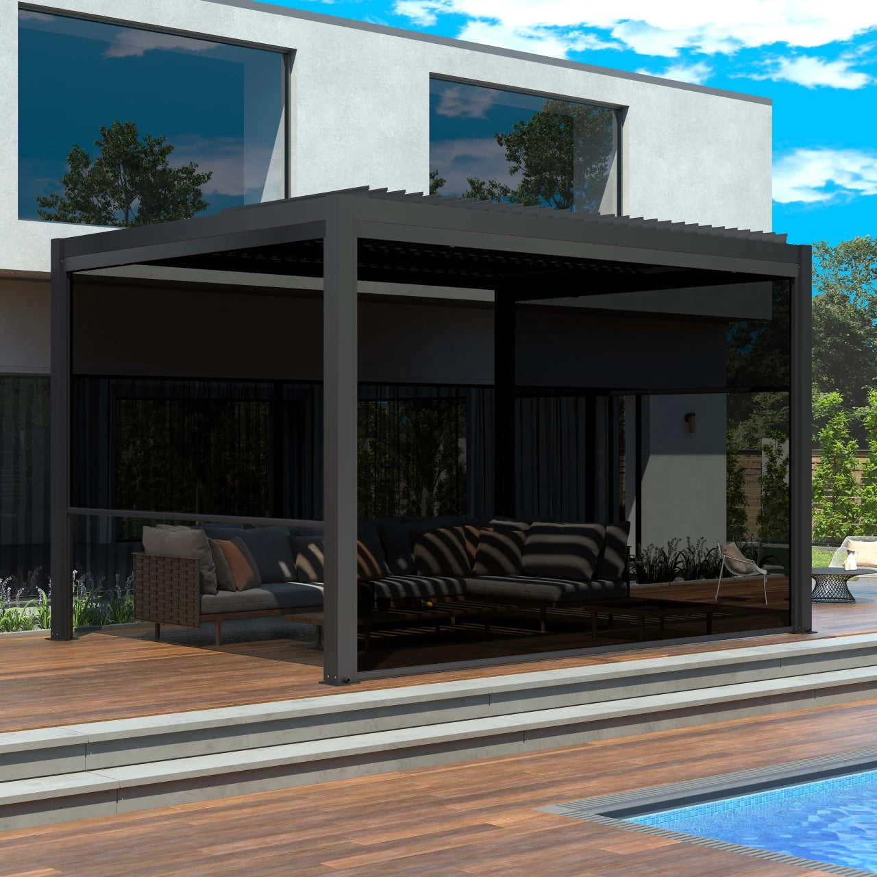 ALEKO pull down privacy screen installed on the side of an aluminum pergola