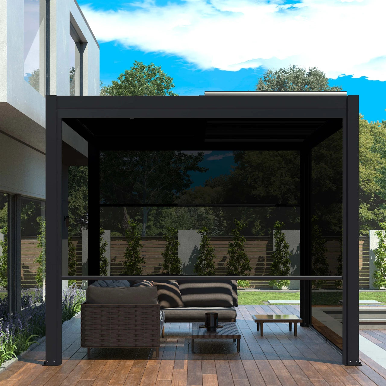 ALEKO Noble 10x12 aluminum pergola on a patio, shown with the pull down privacy screen