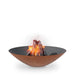 Arteflame Classic 40 inch corten steel fire pit with no base, lit with a wood fire, studio shot on white background