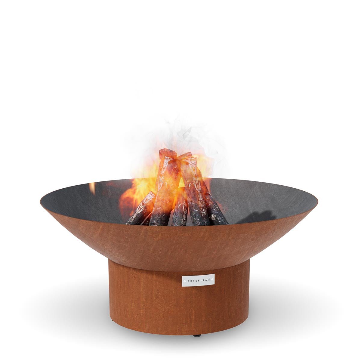 Arteflame Classic 40 inch corten steel fire pit on the Low Round steel base, lit with a wood fire