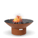 Arteflame Classic 40 inch corten steel fire pit on the Low Round steel base, lit with a wood fire
