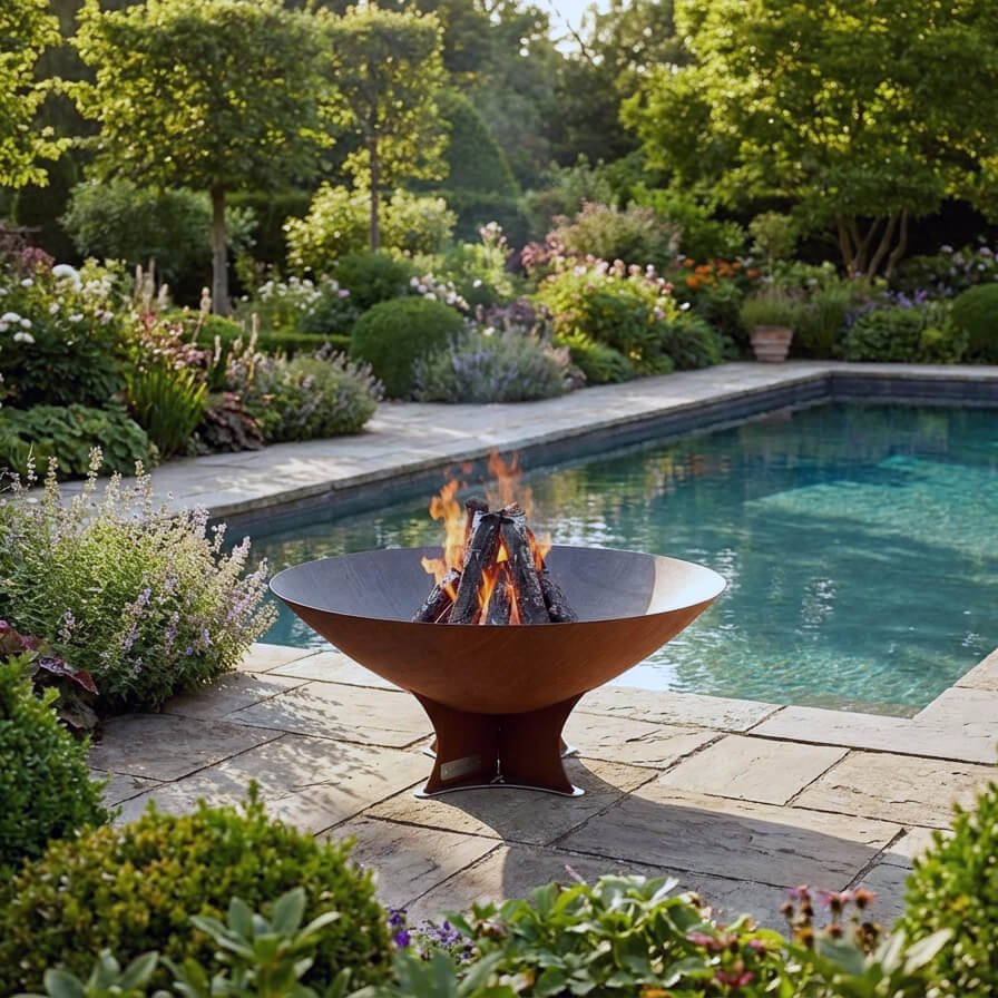 Arteflame Classic 40 inch corten steel fire pit burning poolside on a stone patio surrounded by garden plantings