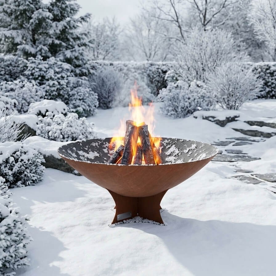 Arteflame Classic 40 inch corten steel fire pit burning in a snow-covered garden in winter