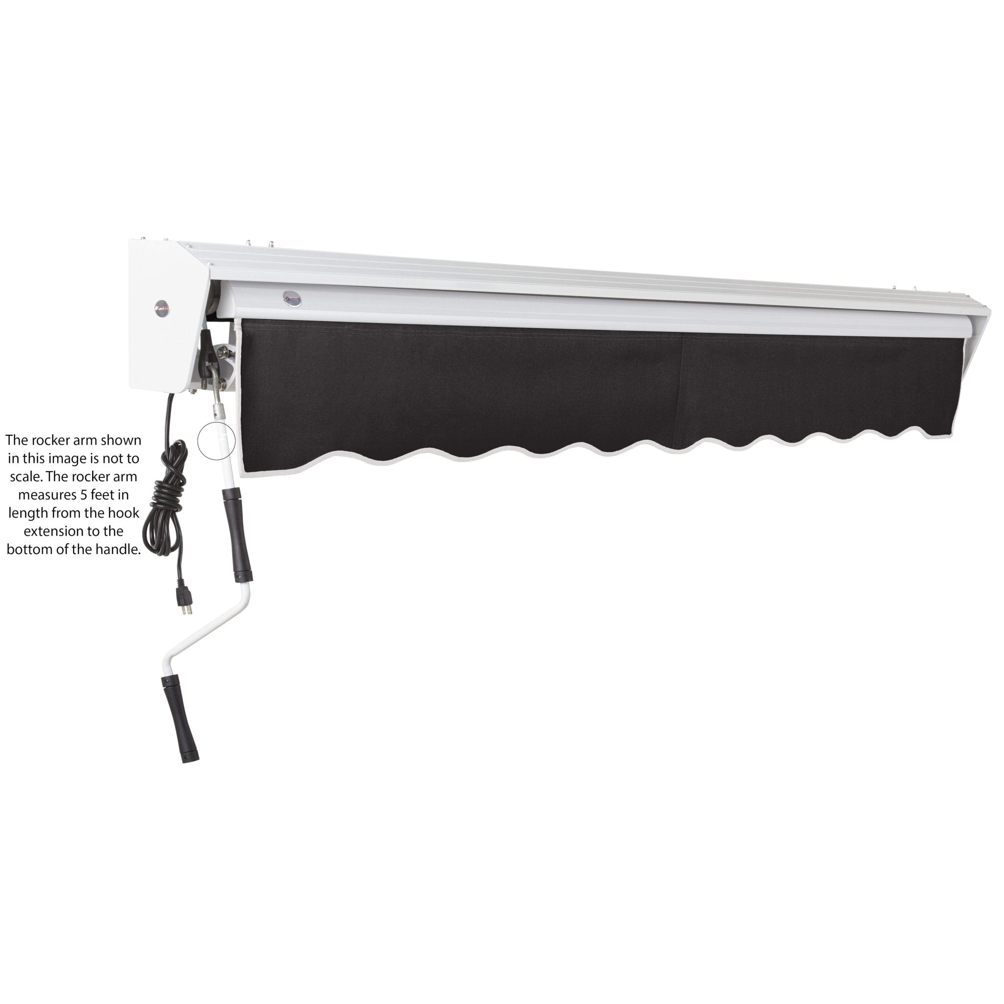 Black Awntech Destin motorized awning retracted under its white aluminum hood, showing the motor cord and rocker arm