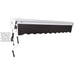 Black Awntech Destin motorized awning retracted under its white aluminum hood, showing the motor cord and rocker arm