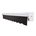 Side view of a black Awntech Destin retractable awning retracted, white hood covering the top and sides of the fabric roll