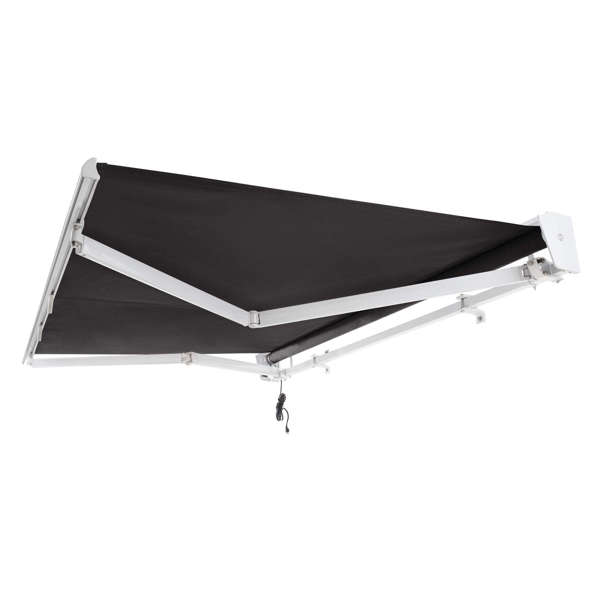 Underside view of a black Awntech Destin motorized retractable awning fully extended, showing the white folding arms and power cord