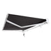Underside view of a black Awntech Destin motorized retractable awning fully extended, showing the white folding arms and power cord