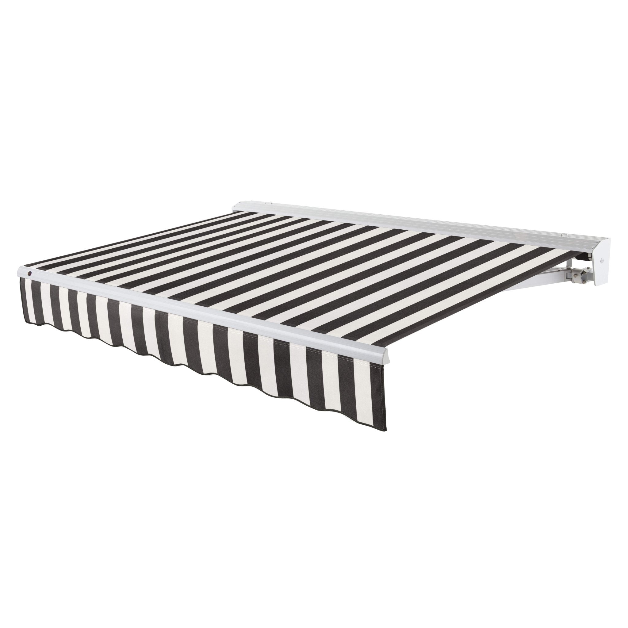Awntech Destin motorized retractable awning in Black/White Stripe acrylic fabric, extended, three-quarter view with white aluminum hood and wave valance