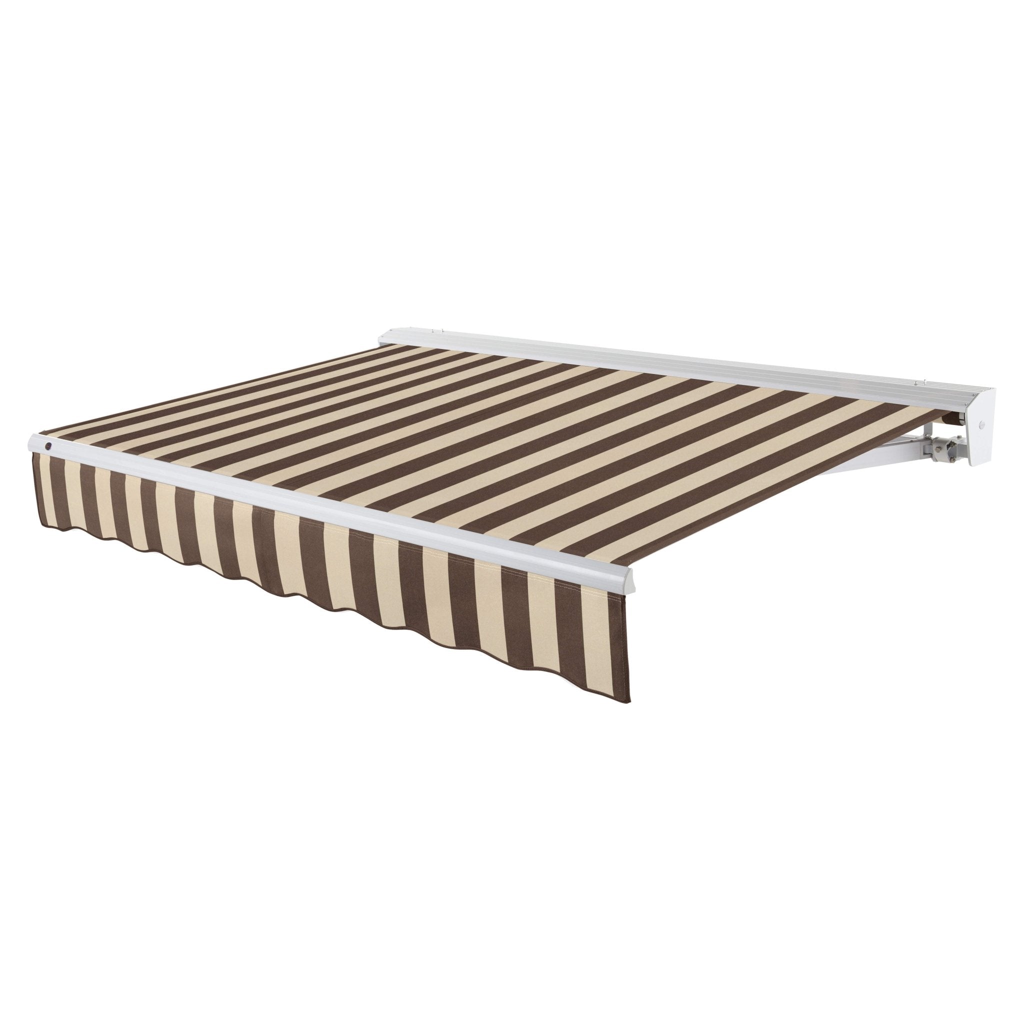 Awntech Destin motorized retractable awning in Brown/Tan Stripe acrylic fabric, extended, three-quarter view with white aluminum hood and wave valance