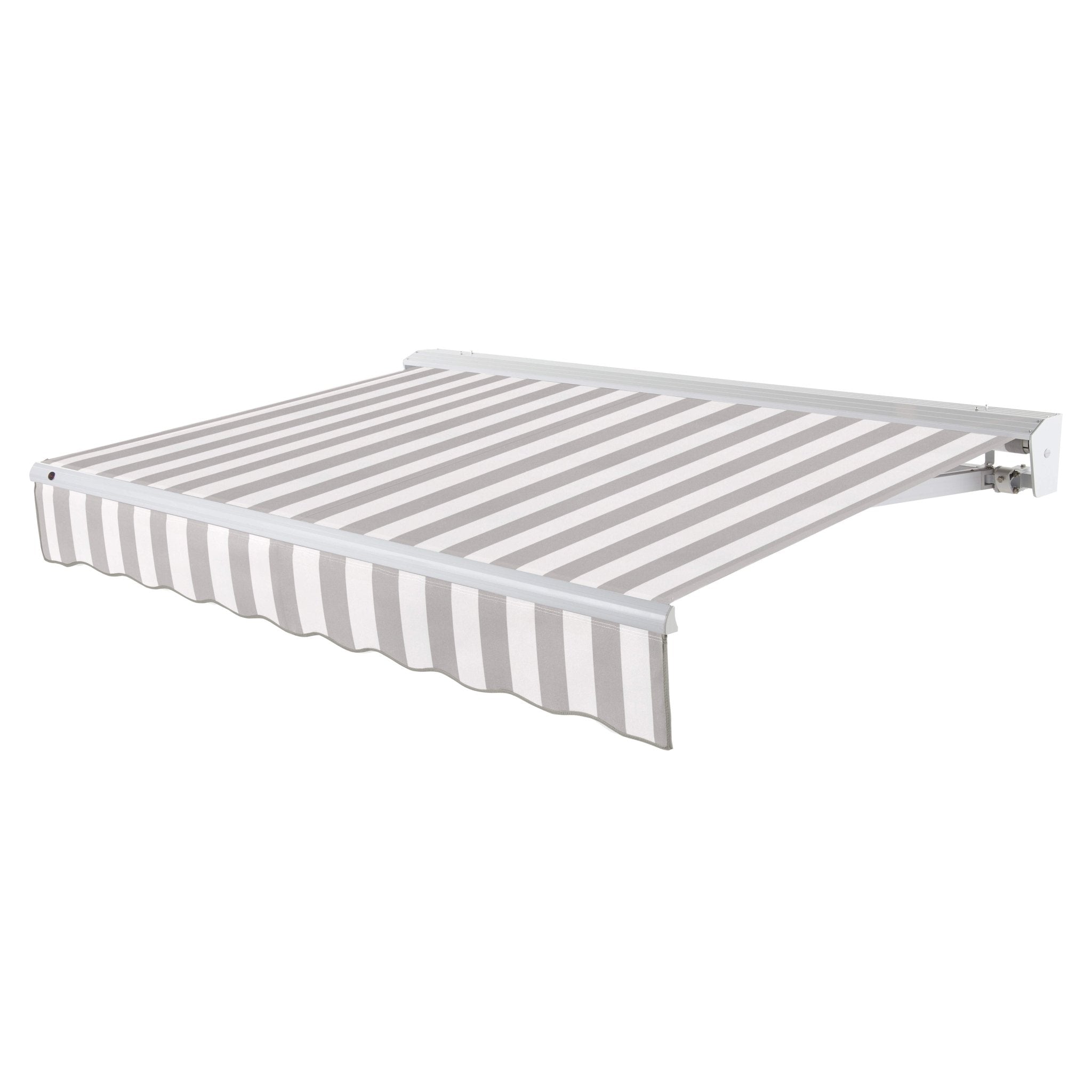 Awntech Destin motorized retractable awning in Gray/White Stripe acrylic fabric, extended, three-quarter view with white aluminum hood and wave valance