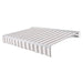 Awntech Destin motorized retractable awning in Gray/White Stripe acrylic fabric, extended, three-quarter view with white aluminum hood and wave valance