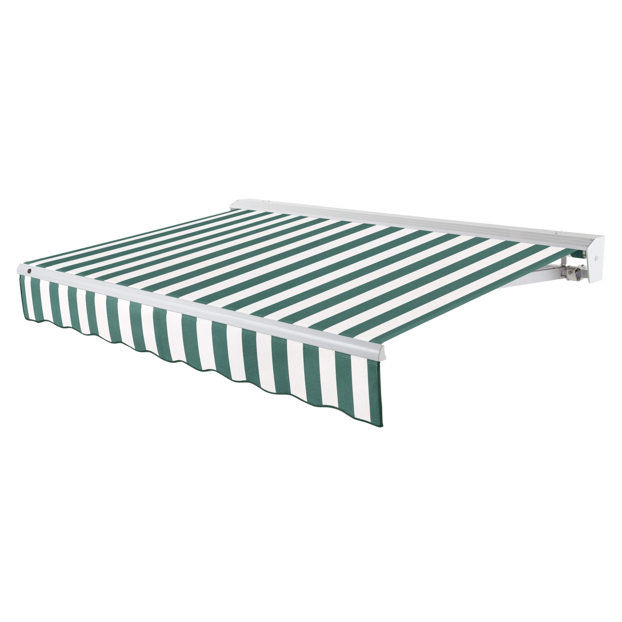 Awntech Destin motorized retractable awning in Forest/White Stripe acrylic fabric, extended, three-quarter view with white aluminum hood and wave valance