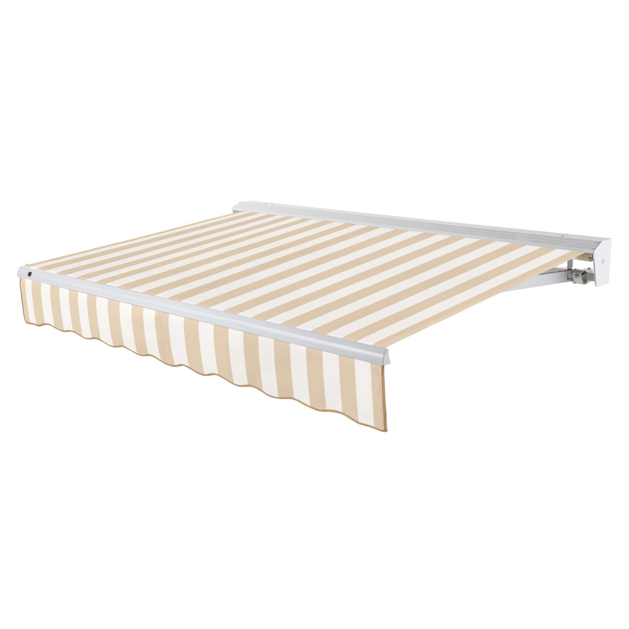 Awntech Destin motorized retractable awning in Linen/White Stripe acrylic fabric, extended, three-quarter view with white aluminum hood and wave valance