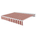 Awntech Destin motorized retractable awning in Burgundy/Tan Stripe acrylic fabric, extended, three-quarter view with white aluminum hood and wave valance