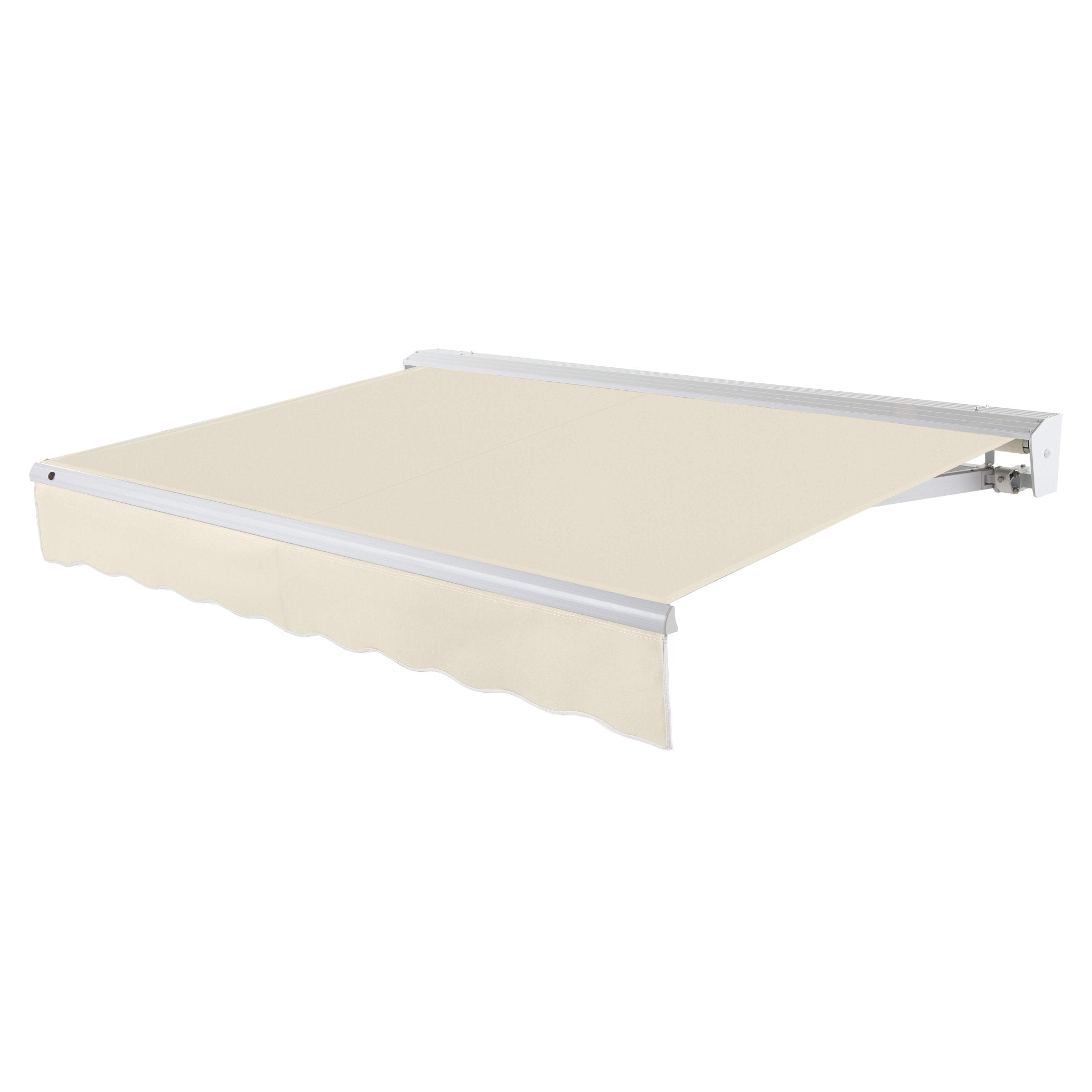 Awntech Destin motorized retractable awning in Linen acrylic fabric, extended, three-quarter view with white aluminum hood and wave valance