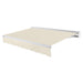 Awntech Destin motorized retractable awning in Linen acrylic fabric, extended, three-quarter view with white aluminum hood and wave valance