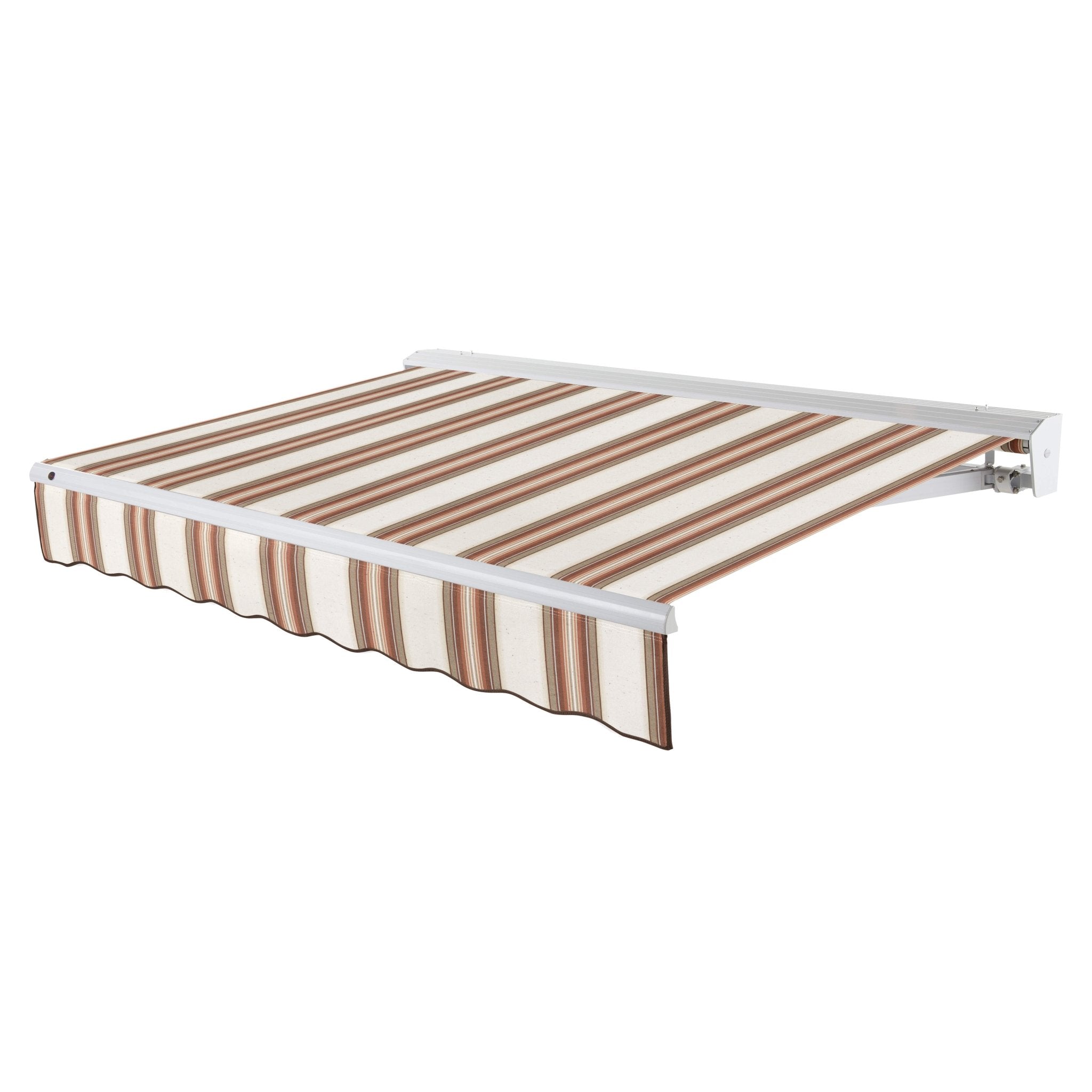 Awntech Destin motorized retractable awning in Brown/Tan/Terracotta Multi acrylic fabric, extended, three-quarter view with white aluminum hood and wave valance