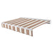 Awntech Destin motorized retractable awning in Brown/Tan/Terracotta Multi acrylic fabric, extended, three-quarter view with white aluminum hood and wave valance