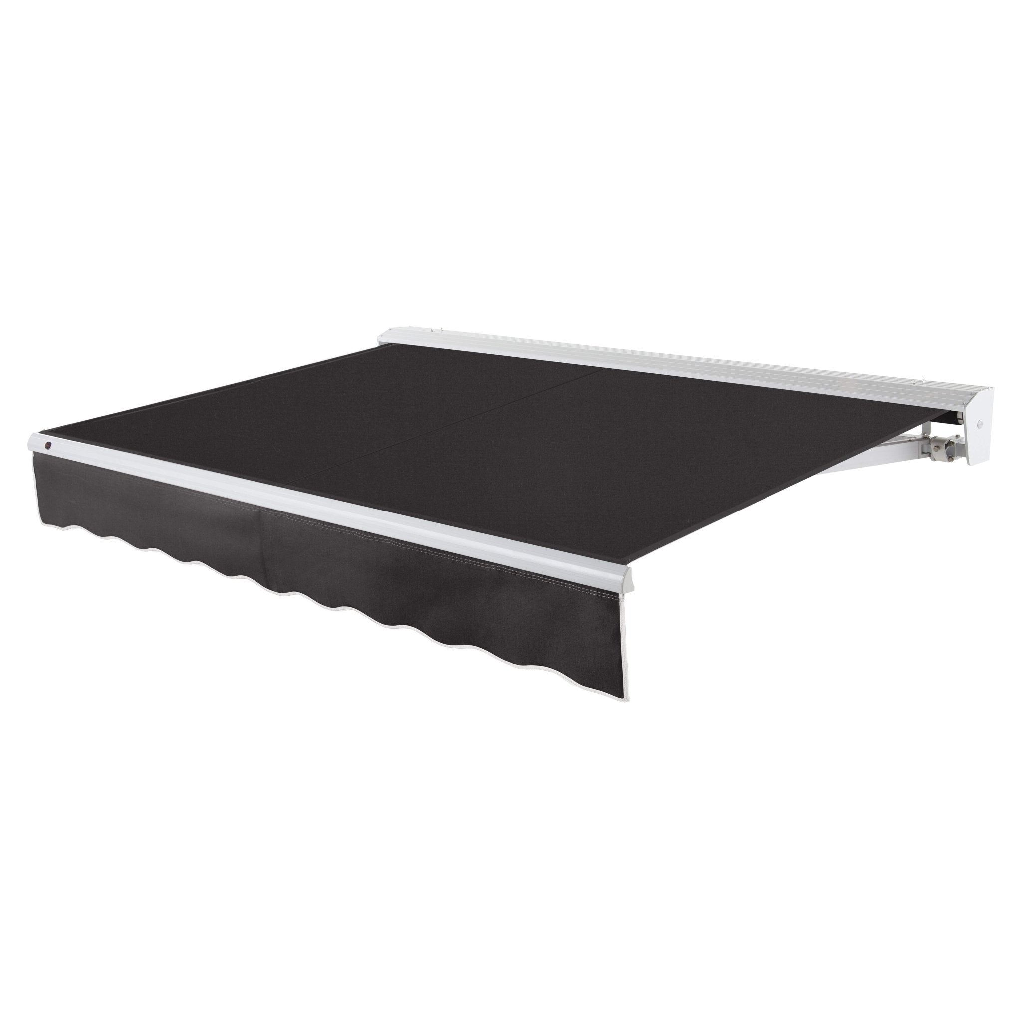 Awntech Destin motorized retractable awning in Black acrylic fabric, extended, three-quarter view with white aluminum hood and wave valance