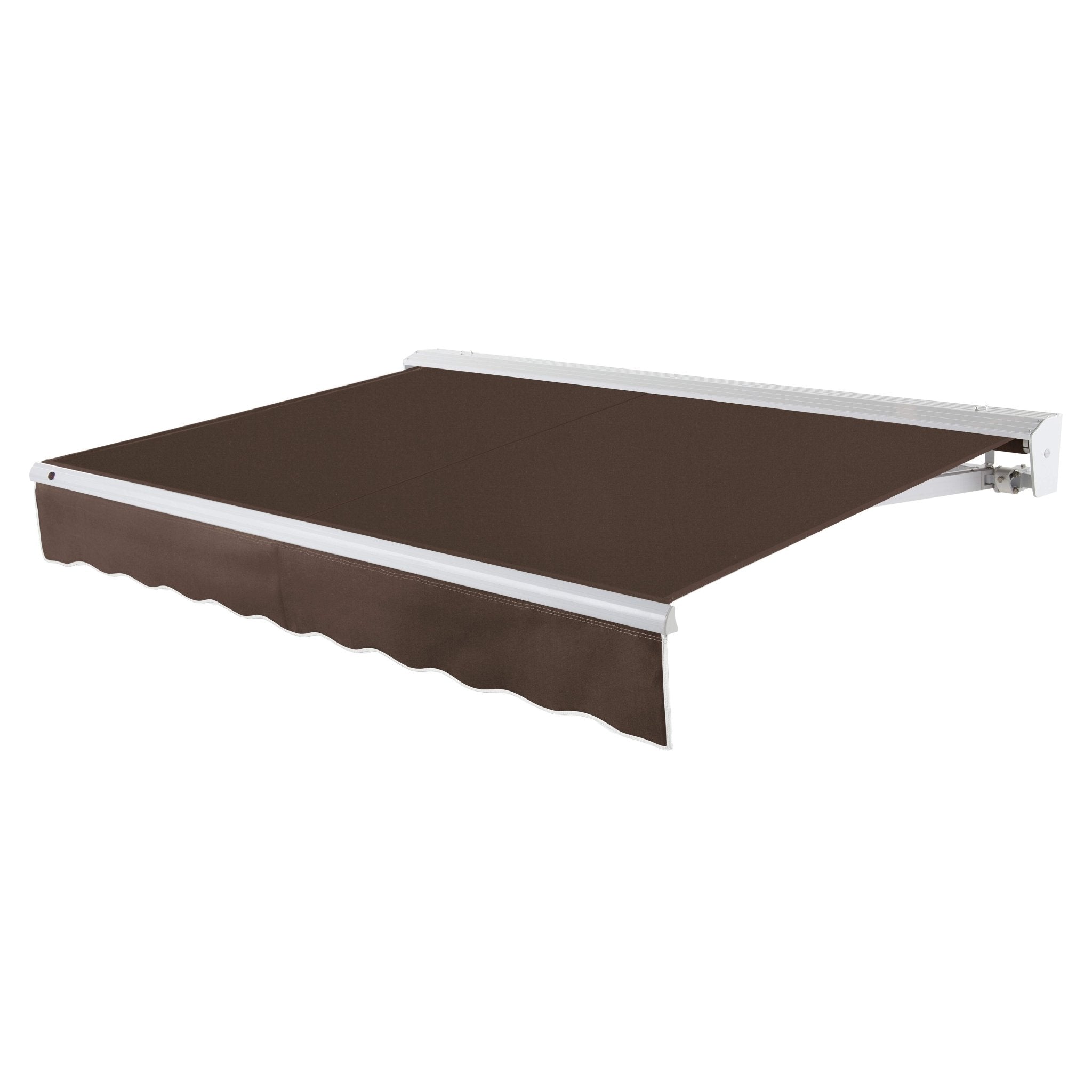 Awntech Destin motorized retractable awning in Brown acrylic fabric, extended, three-quarter view with white aluminum hood and wave valance