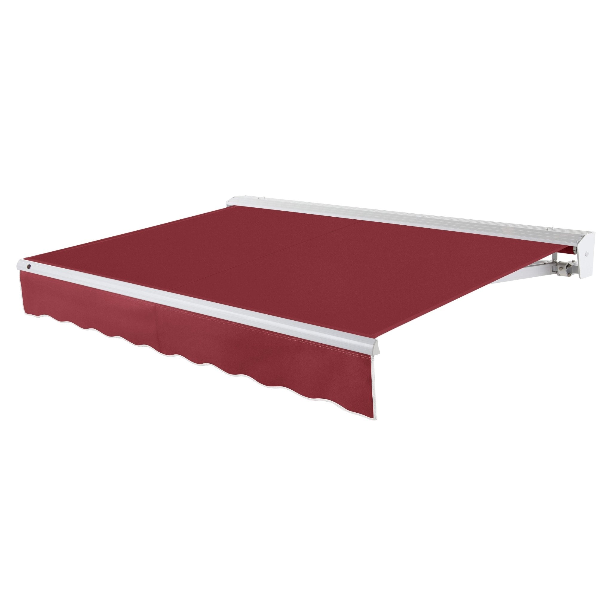 Awntech Destin motorized retractable awning in Burgundy acrylic fabric, extended, three-quarter view with white aluminum hood and wave valance
