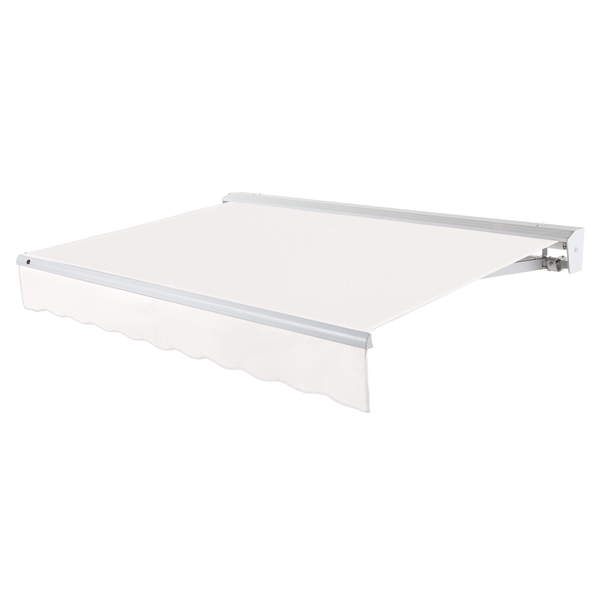Awntech Destin motorized retractable awning in White acrylic fabric, extended, three-quarter view with white aluminum hood and wave valance