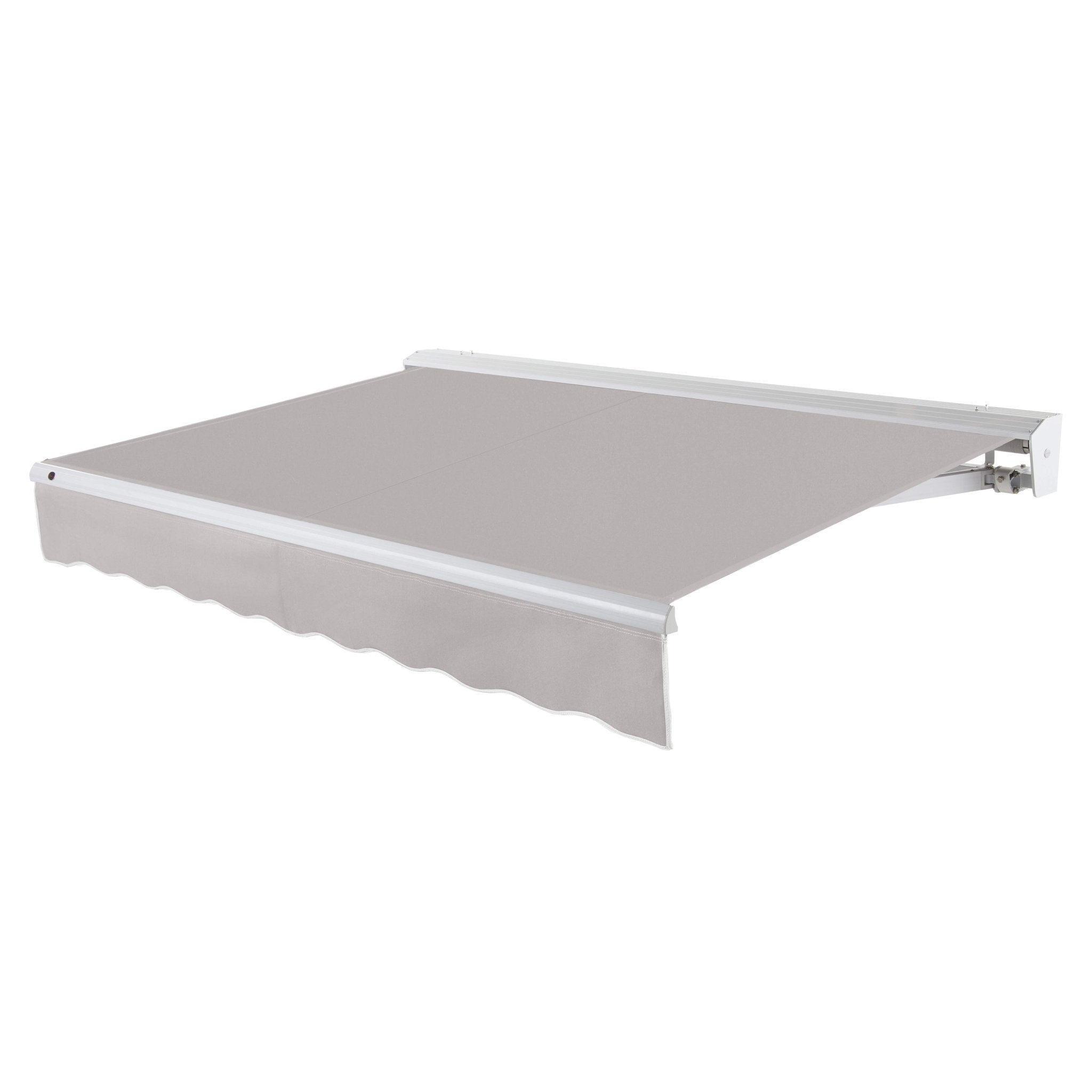 Awntech Destin motorized retractable awning in Gray acrylic fabric, extended, three-quarter view with white aluminum hood and wave valance