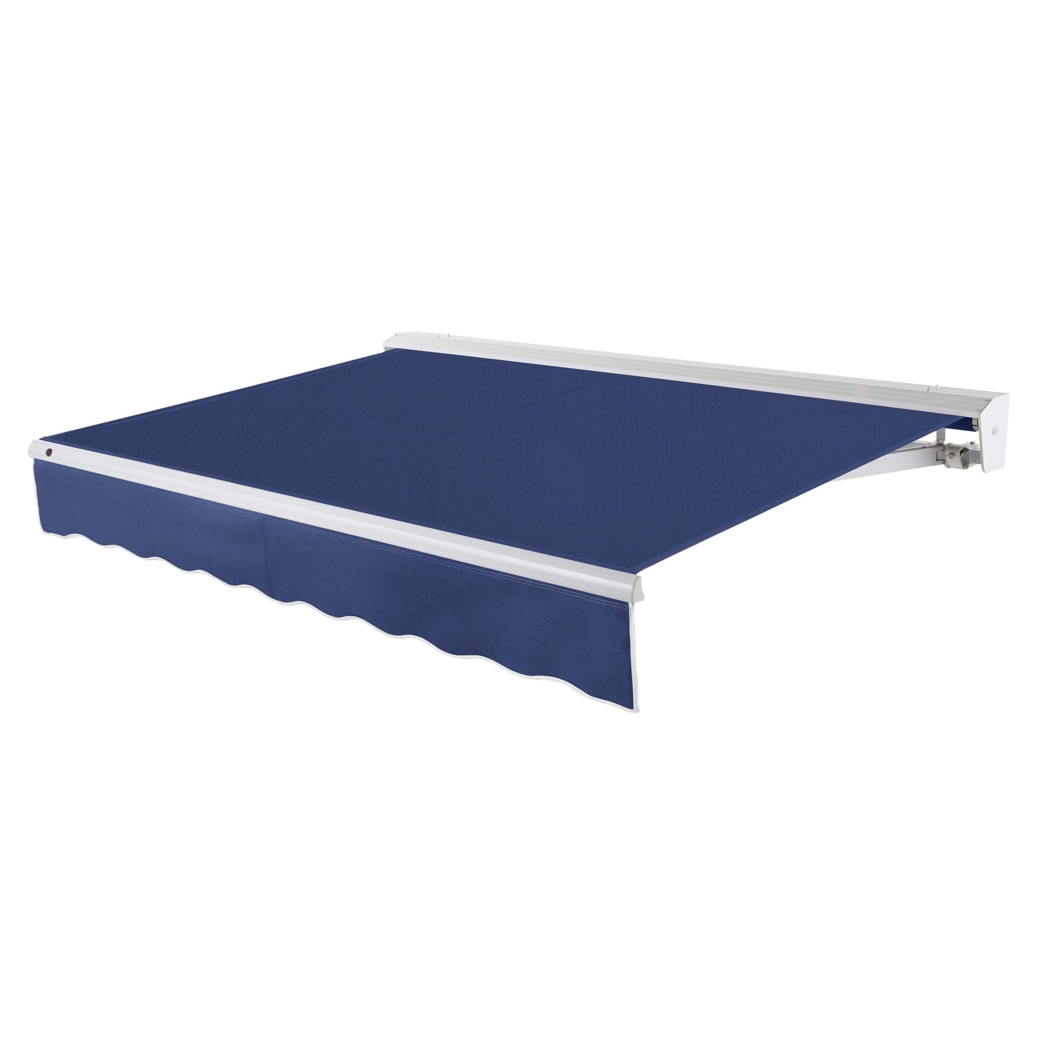 Awntech Destin motorized retractable awning in Navy acrylic fabric, extended, three-quarter view with white aluminum hood and wave valance